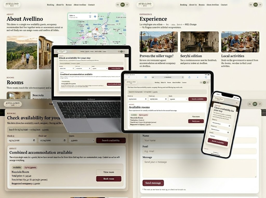 Mockup multidevice del sito di prenotazione alberghiera: visualizzazione ottimizzata per laptop, tablet e smartphone.
