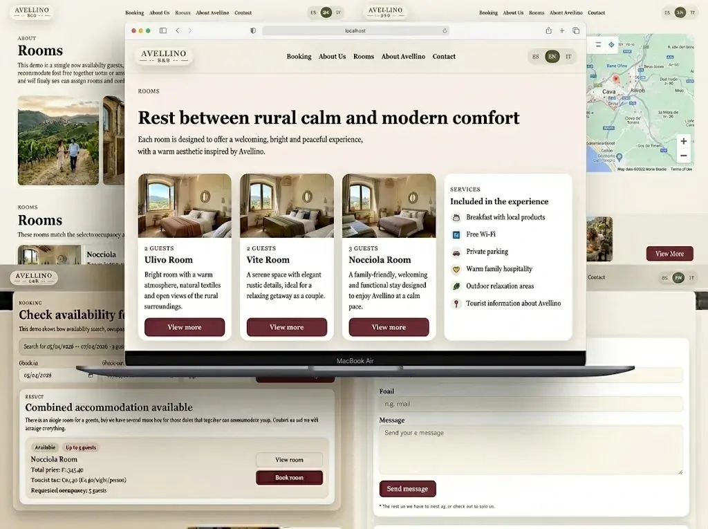 Multi-device hotel booking web mockup: responsive display on laptop, tablet, and mobile devices.