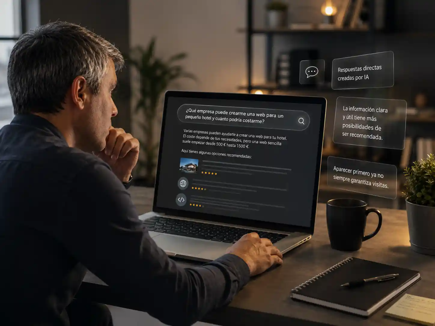 Profesional consultando en un portátil una respuesta de búsqueda generada por inteligencia artificial sobre servicios web para un pequeño hotel.